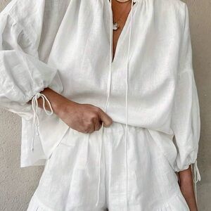 White Two-Piece Linen Set - Top & Ruffled Shorts - Perfect for beach/pool